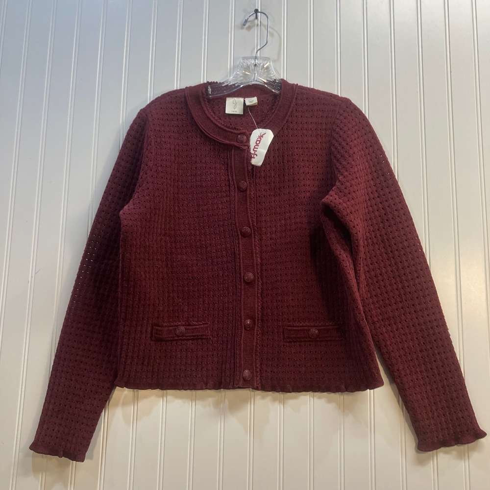 Joie Burgundy Pointelle Knit Cardigan Sweater Snap Front Crest Buttons Small